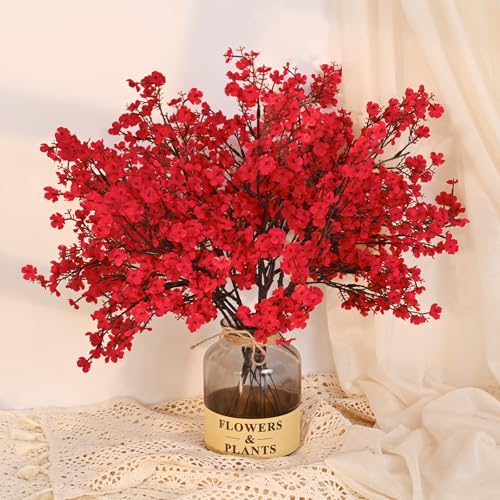 Yastouay Red Fake Flowers Artificial Flowers, 5Pcs Real Touch Silk Flowers Faux Flowers for Decorations, Babys Breath Arti...