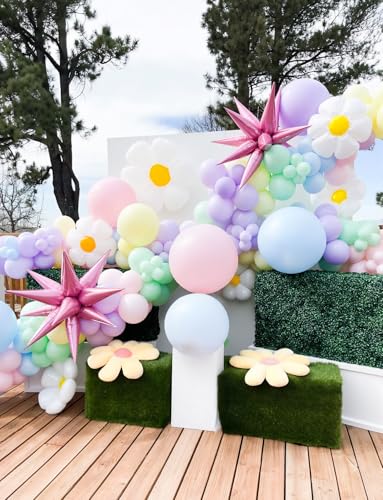 Haolongfa Daisy Balloon Arch Garland Kit - 131 Pcs Pastel Rainbow balloon arch kit with Daisy Balloons, for Birthday Part...