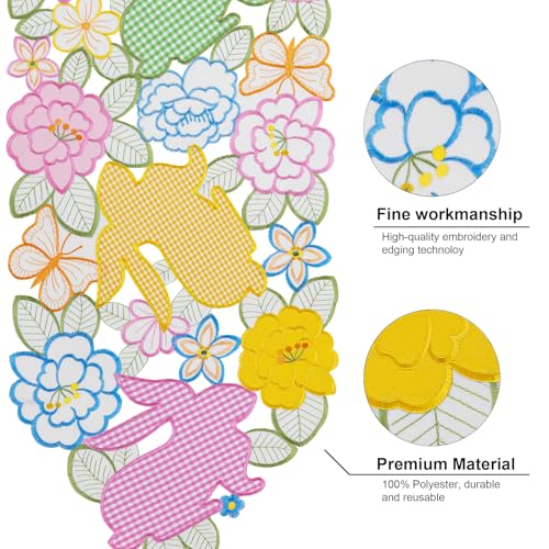 Joyfol Day Easter Checkered Bunny Table Runner, Cutwork Embroidered Plaid Rabbits Florals Table Runners, Spring Flowers Bu...
