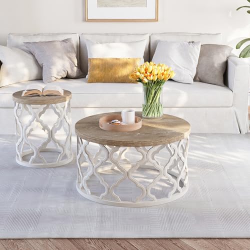karlott Farmhouse Coffee Table, French Country Round Coffee Table, Coastal Coffee Tables with Distressed Top, Boho Center ...