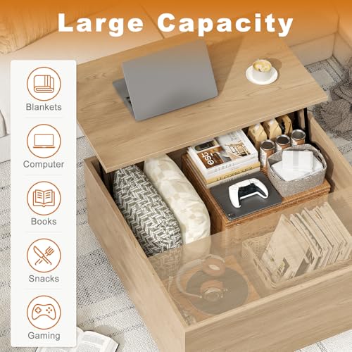 FABATO Lift Top Coffee Table, Wood Square Coffee Table with Storage, Farmhouse Coffee Tables with Hidden Storage Compartme...