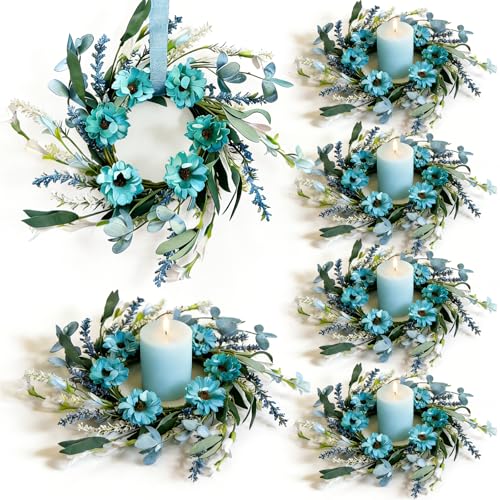 6 Pcs Small Blue Daisy Flower Candle Rings Wreaths Mini Pillar Candle Holder Wreath with White Floral Eucalyptus Leaves La...