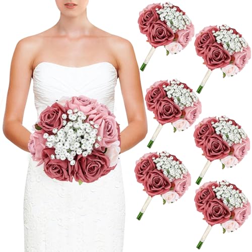 DIYDOFUN Wedding Bridesmaid Bouquets Set of 6, Artificial Silk Flowers Arrangement for Ceremony Marriage Proposal Party An...