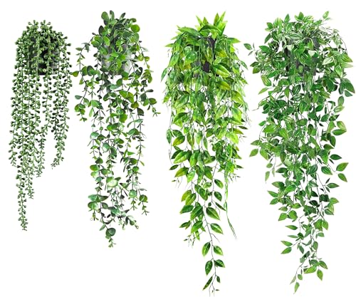 USLAI Artificial Hanging Plants Vine, Fake Potted Greenery Faux Eucalyptus, Mandala, String of Pearls, Pea Pod Leaves in P...