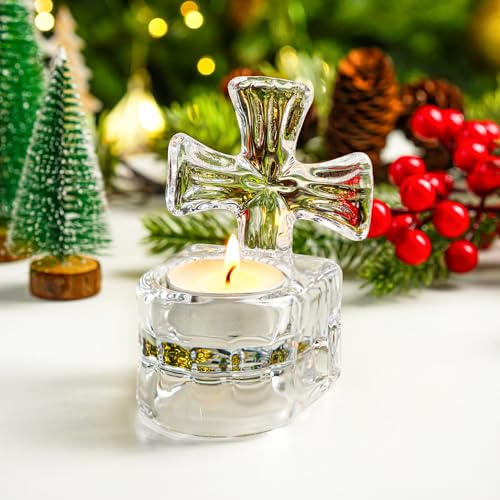 kanpura Clear Glass Cross Candle Holder 4" High Christian Tea Light Holder Cross Crystal Votive Candle Holders for Religio...