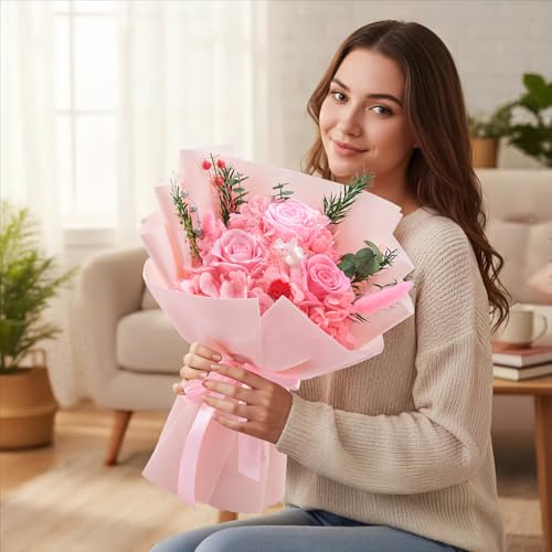 Preserved Flowers Bouquet, Flowers for Delivery,Handmade Pink Rose Bouquets Lasting 3-5 Years, Luxury Gift Box,Birthday Fl...