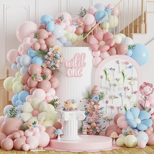 Spring Wildflowers Balloon Arch Kit 153Pcs Pastel Pink Blue Balloon Garland Kit, Daisy Flower Foil Balloons for Birthday B...