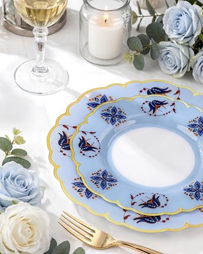 Morejoy 60Pcs Plastic Disposable Plates Set - Blue Plastic Plates Featuring Blue & Orange Floral Design With Gradient Gold...