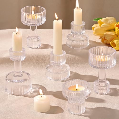 Candlestick Holders Bulk, 6 Pcs Clear Combination Candle Holders Set, Crystal Candle Holders for Wedding, Table Centerpiec...