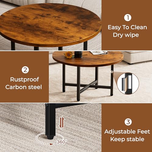FURMORENE Coffee Table, 23.6" Small Coffee Tables, Brown Round Coffee Tables for Living Room, Floor Table for Sitting on T...