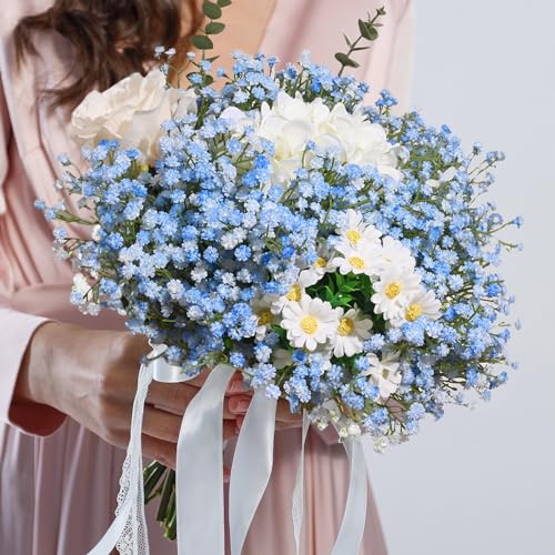 Elyum Babys Breath Artificial Flowers, 12 Pcs Long Stem Baby Breath Flowers Artificial Bulk, Real Touch Blue Fake Babys Br...