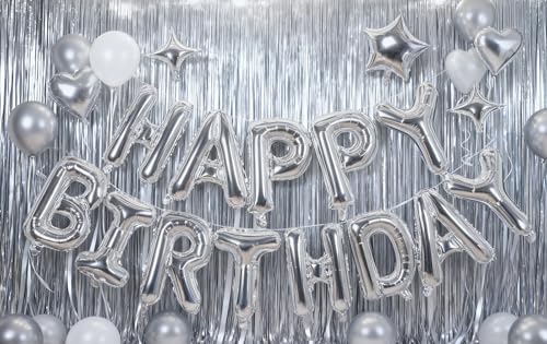 Silver Happy Birthday Banner Balloon Aluminum Foil 16 Inch Letter,10 Inch Five Pointed Star Four Pointed Star Suitable for...