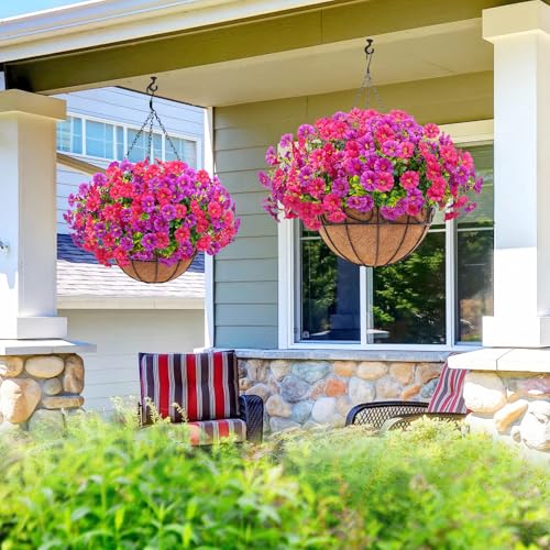 Elyum Artificial Hanging Flowers for Outdoors, Fake Flowers Artificial Petunias Hanging Baskets for Outdoors, UV Resistant...