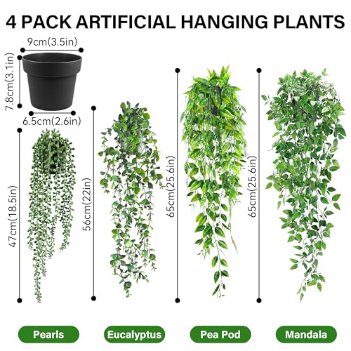 USLAI Artificial Hanging Plants Vine, Fake Potted Greenery Faux Eucalyptus, Mandala, String of Pearls, Pea Pod Leaves in P...