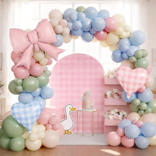 Silly Goose Balloon Arch with Checkered Heart Bow Foil Balloons, Pink Blue Sage Green Sand White Ivory Balloon Garland for...