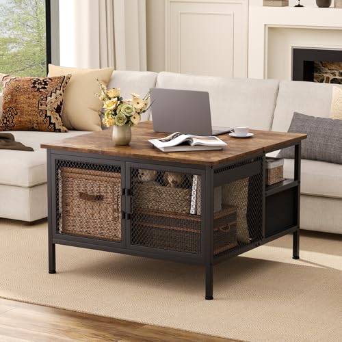 FABATO Lift Top Coffee Table, Square Coffee Table Metal Wood, Farmhouse Lift Up Coffee Tables Cocktail Table with Wire Mes...