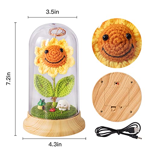 Eternal Sunflower Gifts for Women, Crochet Artificial Sun Flower Decor in Plastic Dome with Led, for Her Mom Mothers Day B...