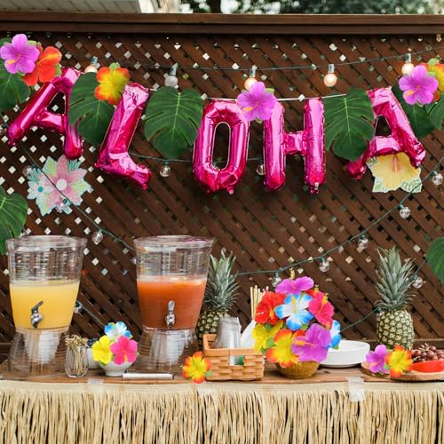 Oudome 60Pcs Hawaiian Flowers,Tropical Decor Tropical Flowers Include Hibiscus Flowers Artificial and Palm Leaves,Hawaiian...