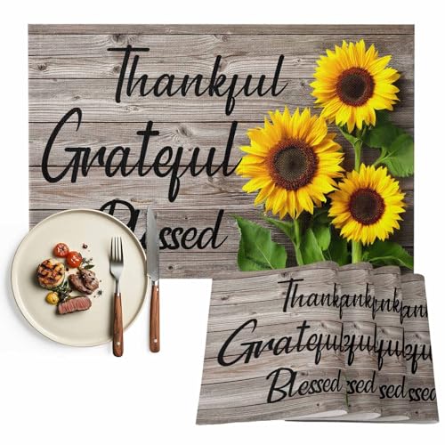 Sunflower Wooden Placemats Set of 6, Farmhouse Floral Washable Wipeable Table Mats for Dining Tables, Vintage Botanical In...