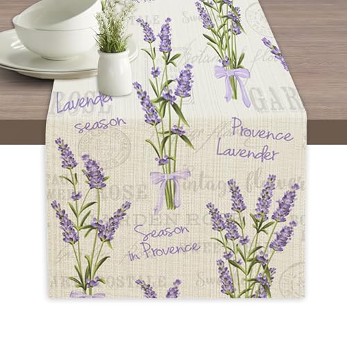 Table Runner Vintage Lavender Flower Table Runners Summer Seasonal Kitchen Dinning Decor for Indoor Outdoor Holiday Home W...
