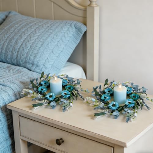 6 Pcs Small Blue Daisy Flower Candle Rings Wreaths Mini Pillar Candle Holder Wreath with White Floral Eucalyptus Leaves La...