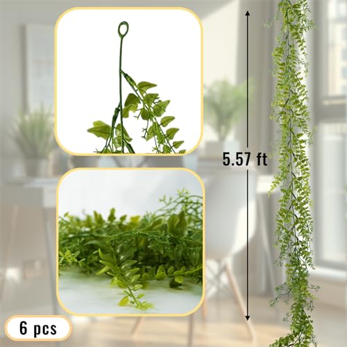 PENGYEE 6 Pack 5.57ft Artificial Greenery Garland for Table, Leaf Garland for Room Decor, Fern Garlands for Decoration, Fa...