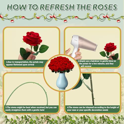 Jefuzh 50 PCS Fake Red Roses, Artificial Red Flowers Bulk Realistic Silk Faux Rose with Stems for Wedding Decoration Anniv...