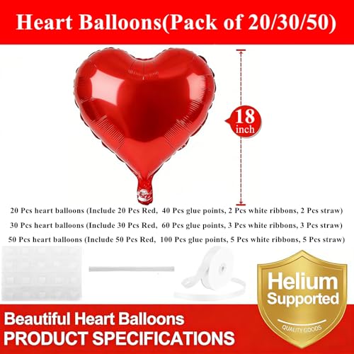 18 Inch Red Heart Balloons, 30 Pcs Foil Heart Shaped Balloon Large Foil Valentines Balloons Helium Support for Valentine's...