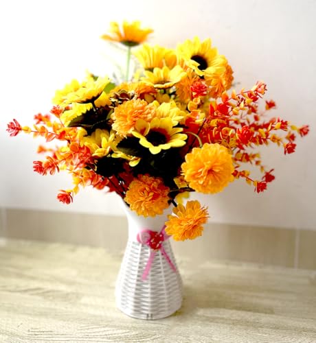 Aliotech 2 Bunches Yellow Sunflowers Artificial Flowers and 2 Bunches Artificial Marigold Flowers Chrysanthemum for Home D...