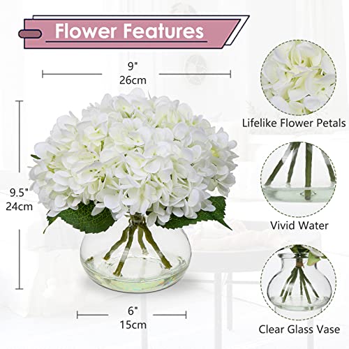 Hollyone Hydrangea Artificial Flowers with Vase White Silk Fake Flowers Arrangements in Glass Vase with Faux Water for Hom...