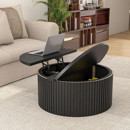 Fsbecl Fluted Lift Top Coffee Table with Hidden Storage, 31.6 Inch Round Coffee Tables for Living Room, Modern Circle Wood...