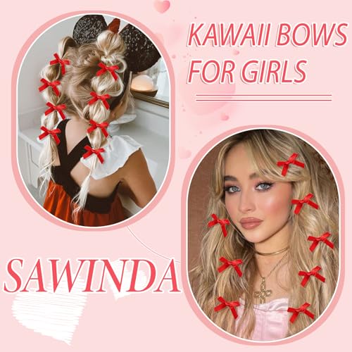 SAWINDA 20PCS Red Mini Hair Bows Small Bow Hair Clips Cute Bowknot Silk Ribbons for Girls Valentines Sweet Bows for Hair N...