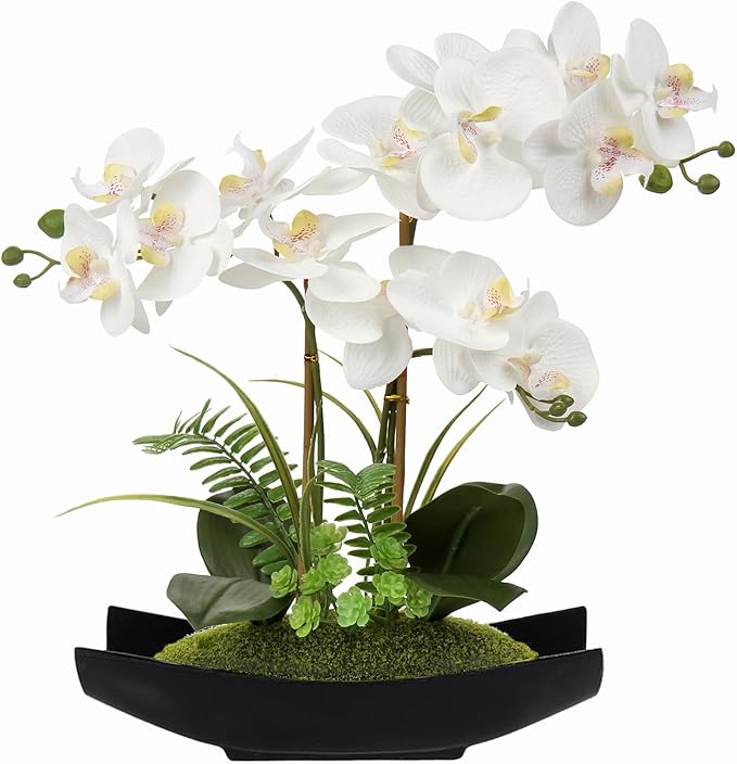 Briful Orchid Artificial Flowers 15in White Fake Orchid Silk Flowers with Black Pot Faux Phalaenopsis Arrangement for Home...
