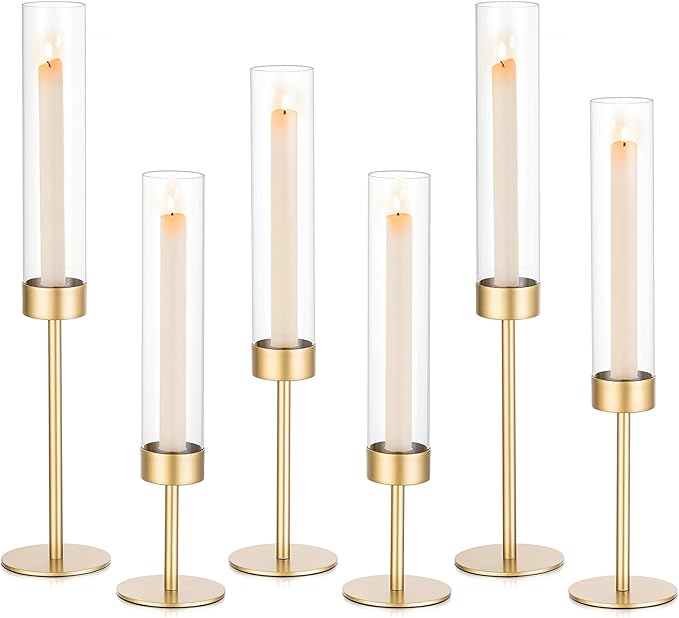 Sziqiqi Hurricane Candle Holders for Wedding: 6 Pcs Gold Candlestick Holders Table Centerpiece - Taper Candle Sticks Holde...