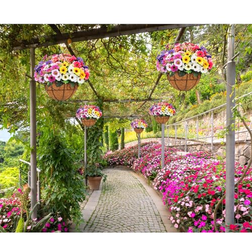 Ouddy Decor Artificial Hanging Flowers with Basket, Fake Silk Hanging Flowers in Coconut Lining Basket Faux Hanging Plants...