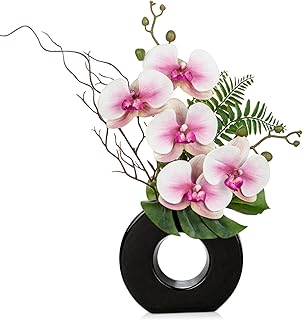 Briful Pink Orchid Fake Flowers with Vase, 16.1'' Artificial Orchid Silk Flowers Faux Orchid Arrangement for Home Office D...