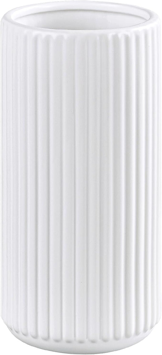 White Ceramic Flower Vase for Pampas Grass, 10 inch Large Decorative Centerpiece Ribbed Vase for Dining Table, Office Desk...