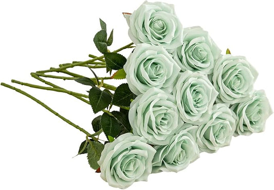 IUKnot Artificial Rose 10pcs Open Flower Bouquet Sage Green Faux Rose Stems for Wedding Arrangement, Bridal Bouquet, Cente...