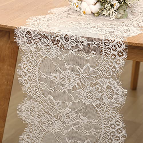 2 Pack Ivory Lace Table Runners 14x120 inch Rectangular Wedding Table Runner Chic Embroidered Chic Table Cloths for Weddin...