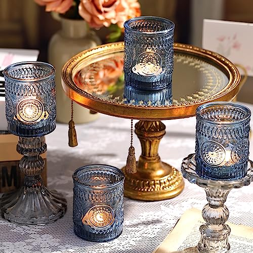DARJEN Blue Votive Candle Holders Set of 36- Glass Candle Holders Bulk for Tea Light Candle, Embossed Candle Votives for W...