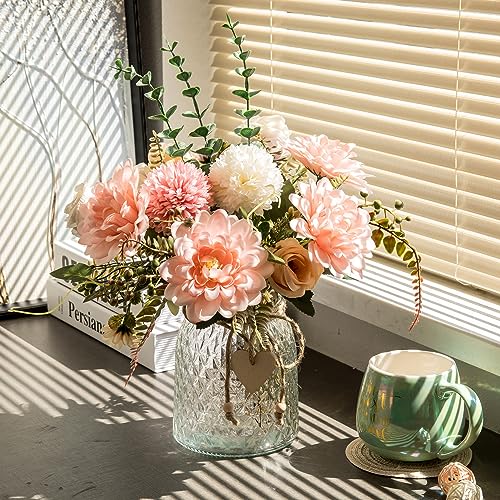 Aubcee Fake Flowers with Vase,Faux Flowers in Vase for Home Decor,Silk Pink Dahlia Artificial Flowers with Vase for Coffee...