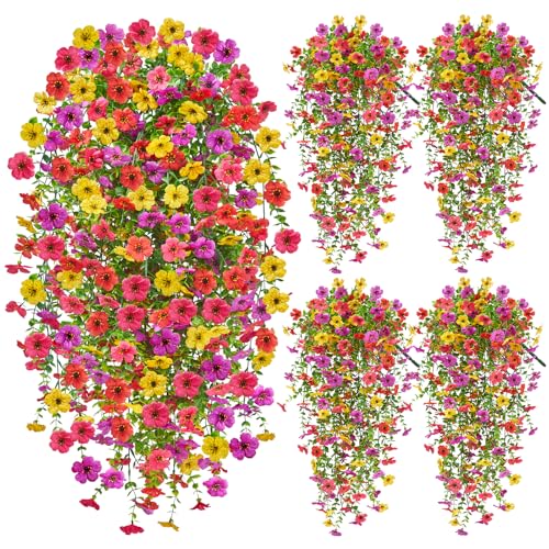 Faylifeway Artificial Hanging Flowers for Outdoors Spring Summer Decoration, 4PCS UV Resistant Silk Fake Hanging Plants fo...