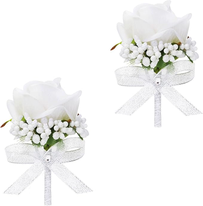 Vkkperp White Rose Boutonniere for Men, Set of 2, Groom and Best Man Artificial Boutonnieres, for Wedding Anniversary Cere...