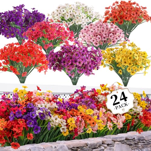 24 Bundles Artificial Flowers for Outdoors/Indoors, Fake Flowers Plants for Indoor Outside Garden Porch Window Box Home We...