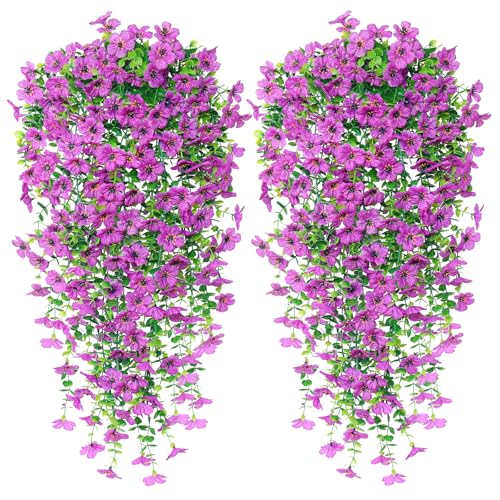 UXORSN 4 Pack Artificial Hanging Flowers for Outdoors 30 Inch Purple Fake Orchid Flower UV Resistant Faux Outdoor Hanging ...