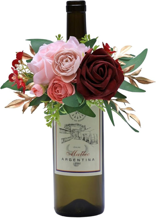 CherishedMoments 1Pcs Wine Bottle Flower Set, Dining Tables, Plates Decorations，Burgundy Red Artificial Flowers Wine Cup f...