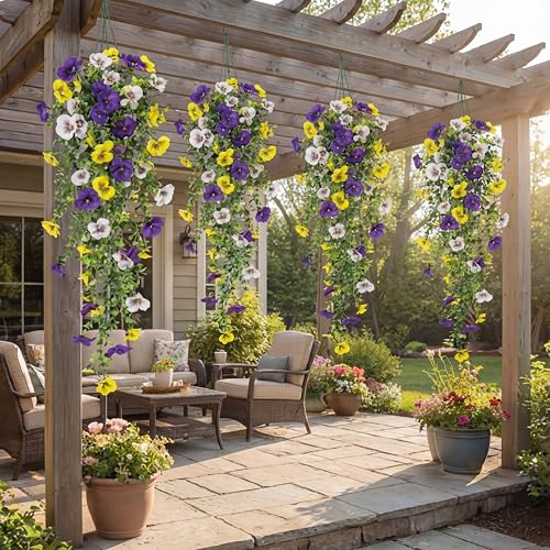 Riceshoot 6 Pcs Artificial Hanging Flowers for Outdoors Fake Hanging Plants for Spring Summer Decoration Realistic UV Resi...