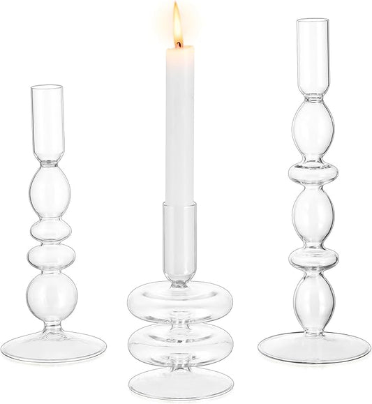 Glasseam Glass Candle Stick Holder: Clear Taper Candle Holders Set of 3, Modern Candlestick Holders for Taper Candles, Dec...