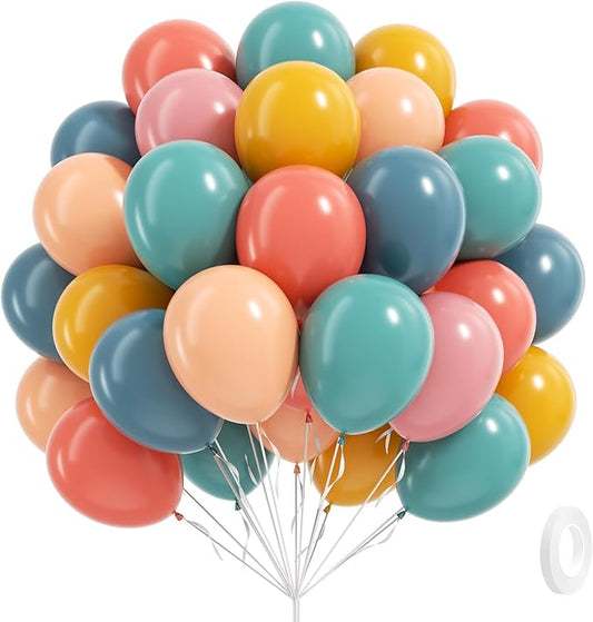60pcs Boho Rainbow Balloons Assorted Colors 12inch with Slate Dusty Blue Mustard Yellow Pink Nude Colorful Balloons for Ba...