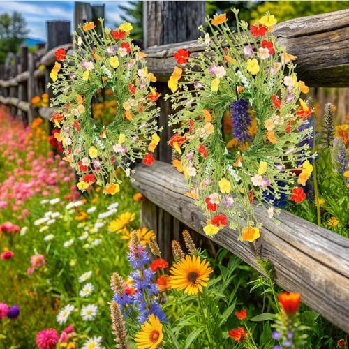 6 Pcs Mini Wild Flower Candle Rings Wreaths Artificial Colorful Wildflower Pillar Candle Holders Wreath for Spring Summer ...